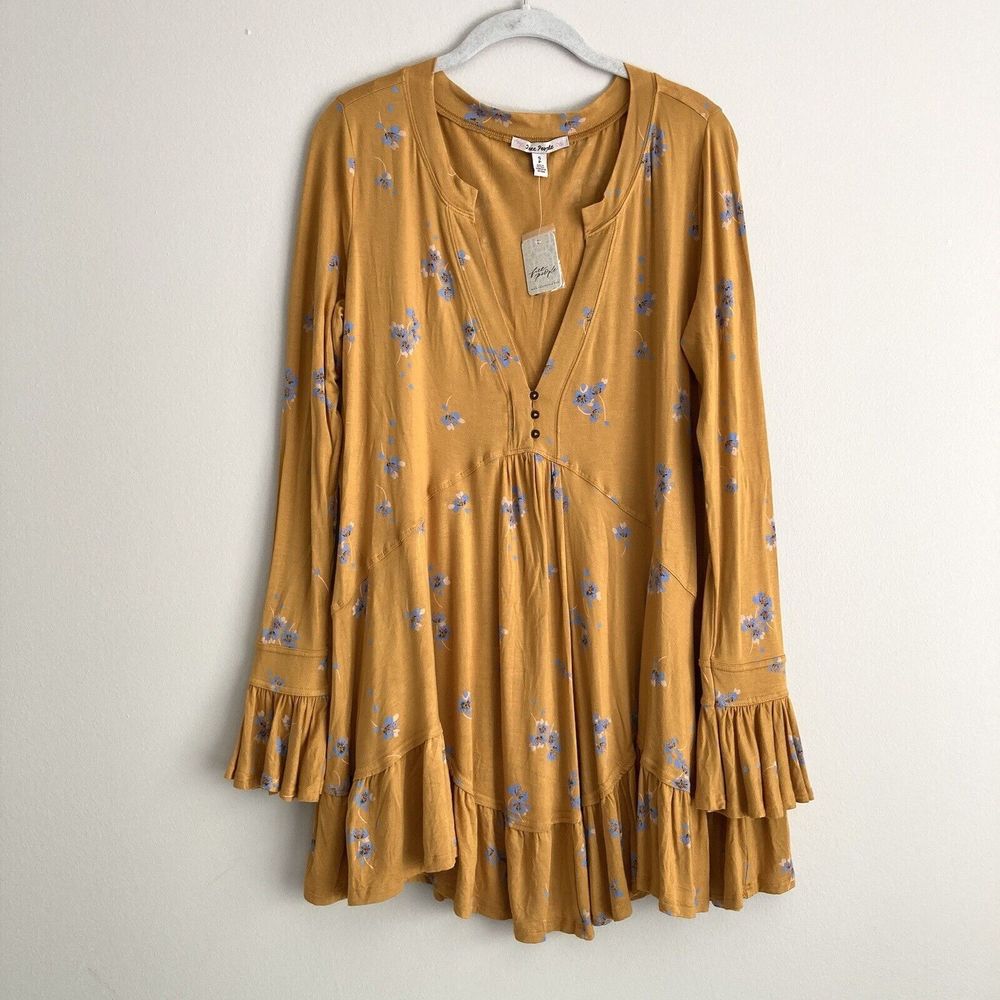Free People Floral V-Neck Long Sleeve Olivia Tunic Dress in Marigold Sz S NWT